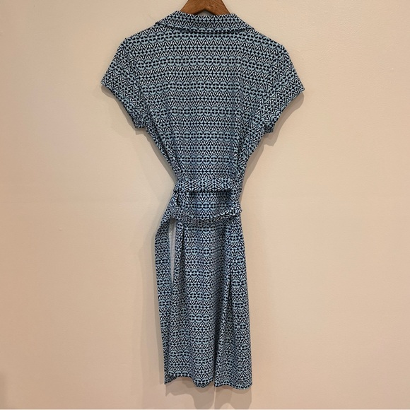 J. McLaughlin True Wrap Dress Short Sleeve Blue Geometric Print Collar Tie, L - Picture 8 of 11
